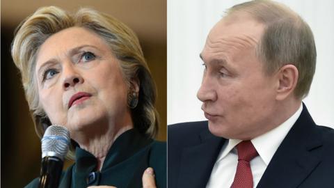 Composite image of Hillary Clinton and Vladimir Putin