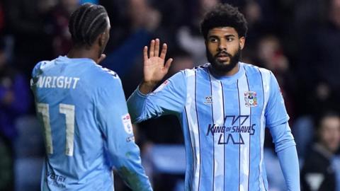 Coventry City's Ellis Simms (right) celebrates scoring their side's third goal of the game with Haji Wright during the Sky Bet Championship match at the Coventry Building Society Arena, Coventry.