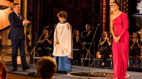 Aled Jones and Laura Wright during the Songs of Praise 60th anniversary special programme at Westminster Abbey.