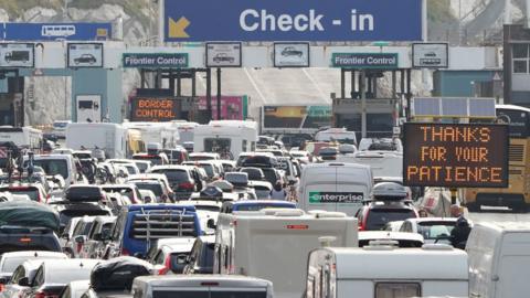 Cars queue at the check-in at the Port of Dover