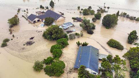 An aerial photo taken on February 14, 2023 shows flooding caused by Cyclone Gabrielle in Awatoto, near the city of Napier.