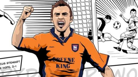 Comic strip style artwork showing Marcus Stewart and the two goals he scored against Bolton Wanderers in the play-off semi-final in 2000