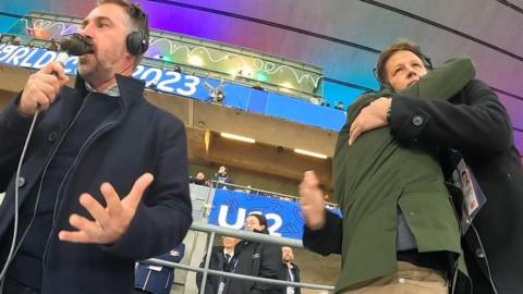 Chris Jones, Matt Dawson and Bobby Skinstad in the commentary box at the Rugby World Cup final