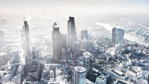 Bird's eye view of foggy London