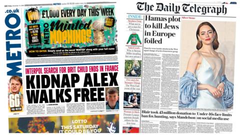 Friday's Metro and Daily Telegraph front pages