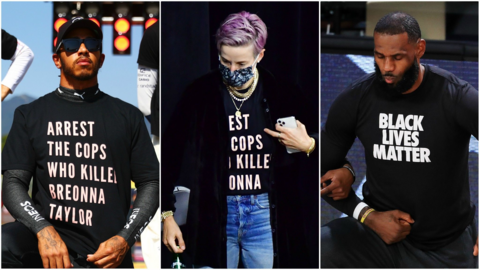 Collage pic of Lewis Hamilton, Megan Rapinoe and LeBron James