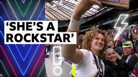 Ellie Kildunne takes a selfie with a fan at the Women's Six Nations after defeating Ireland