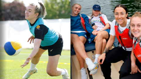 Lauren Hemp playing volleyball and her team-mates on a boat trip on the River Thames