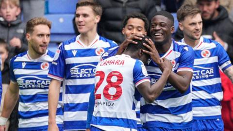 Reading celebrate Harvey Knibbs' goal with Mamadi Camara receiving a special thanks for his part