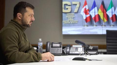 Ukrainian President Volodymyr Zelensky during the video conference with G7 leaders.