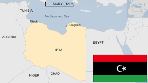 Map of Libya with pre-Gaddafi and post-Gaddafi era flag