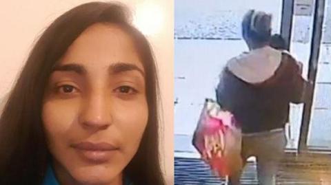 Photo on left is a close up of Anka's face. Photo on right shows Anka carrying her baby walking out of the Travelodge hotel 