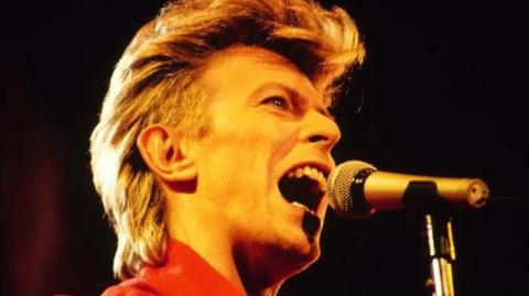 David Bowie sings into a microphone on stage. He his bathed in yellow light and is wearing a red top.
