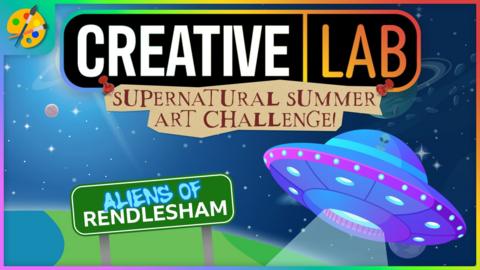 "Creative Lab, Supernatural Summer Art Challenge, Aliens of Rendlesham" - A UFO with an alien in is flying above the Earth.