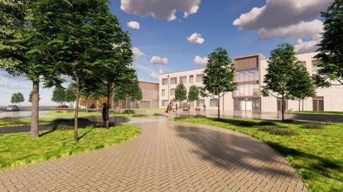 An illustrative image of the proposed new secondary school. It is a white building with a herringbone brick path up to the entrance.