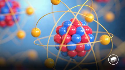 Atoms 3D rendering, protons neutrons and electrons in yellow, red and blue.