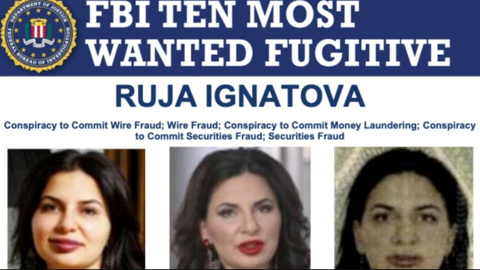 The picture shows a most wanted post from the FBI with Ruja Ignatova's face on it.