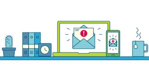 Graphic illustration of a desktop featuring a mobile phone and laptop getting messages featuring red exclamation marks. 