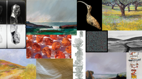 A small collage of 12 pieces on display. The works featured in the collage are photographs, sculptures, paintings and sketches. They cover wildlife, landscapes and portraits. 