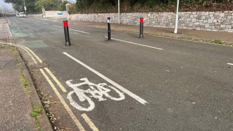 A cycle lane is marked in white with a symbol of a bicycle and a white line. Three bollards have been installed to close the road off to motorists.