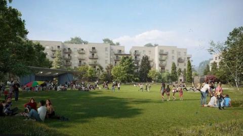 An artist's impression of proposed new housing on the former Bristol Zoo site. The image shows a row of cream coloured flats with people enjoying the green space outside of it.