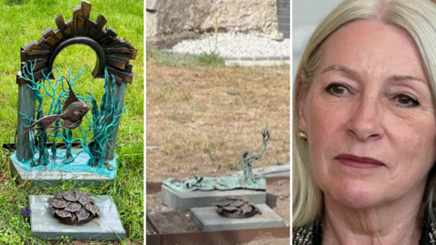 A metal headstone with a fish and aquatic scenes depicted can be seen on the left, in a series of three pictures displayed as a composite. In the middle, it shows the headstone has been removed. On the right is a picture of Kay Mason Billig, who looks sternly towards the camera.