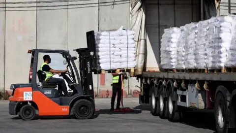 Aid trucks are seen at a crossing in Gaza.