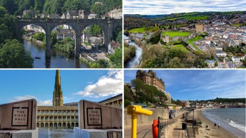 Four pictures of towns: on the top left, Knaresborough, on the top right, Richmond, bottom left, Halifax, bottom right, Scarborough