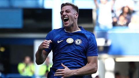 Liam Delap celebrates scoring for Chelsea