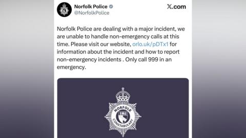 The Norfolk Police post on X. It reads: "Norfolk Police are dealing with a major incident, we are unable to handle non-emergency calls at this time. Please visit our website for information about the incident and how to report non-emergency incidents. Only call 999 in an emergency.