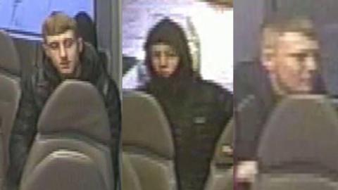 Three CCTV pictures of young people wearing black coats. Two of them have short brown hair and one has their hood up. They are all sitting on a bus.