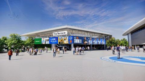 An artist's impression of the new-look stadium, with people walking towards a large modern entrance with the club's logo on the paved area outside and a line of trees behind