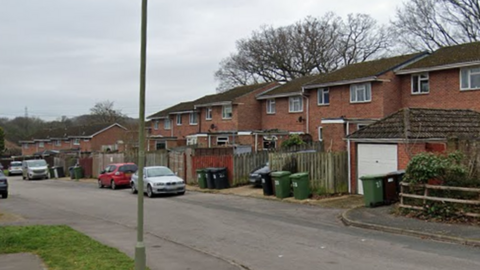 Terraced brick houses in Dickson Park, Wickham. The street scene includes parked cars, wooden fences, green bins and a small section of grass.