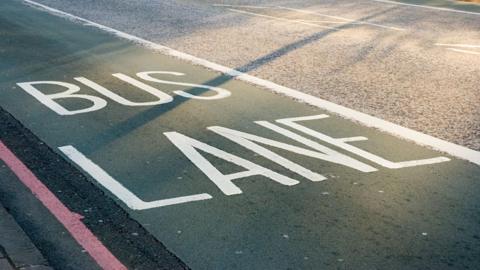 An up-close shot of a bus lane. 