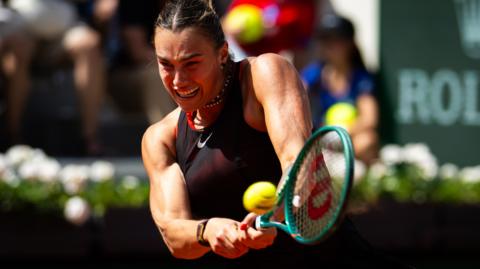 Aryna Sabalenka hits a backhand during the French Open