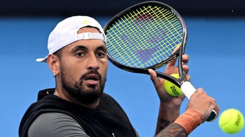 Nick Kyrgios during practice ahead of the 2025 Brisbane International 