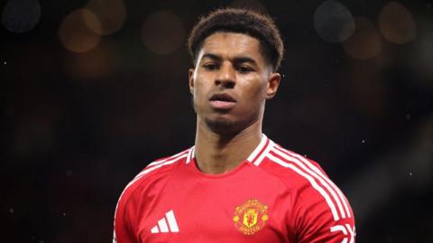 Marcus Rashford playing for Manchester United against Leicester in November 2024