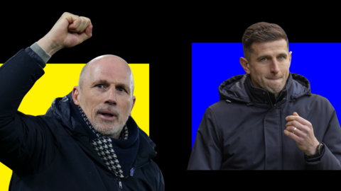 A side-by-side image of Norwich City boss Philippe Clement punching the air and Portsmouth's John Mousinho pursing his lips 