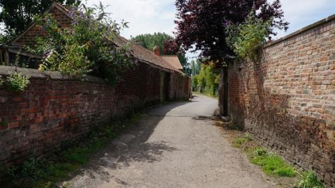 An unpaved lane with red brick walls on both side, and vegetation hanging over the walls,
