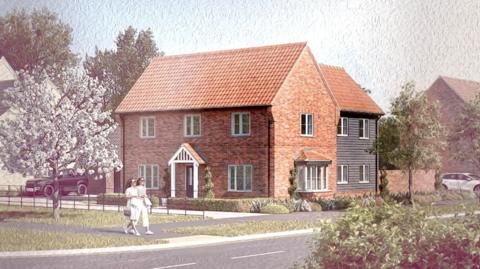 A computer-generated image of a housing estate. A large, modern home is in the centre of the image. Two women, dressed mostly in white, are walking by it.