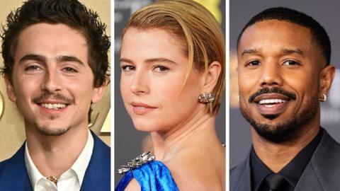 A composite image of Timothee Chalamet, Jessie Buckley and Michael B Jordan