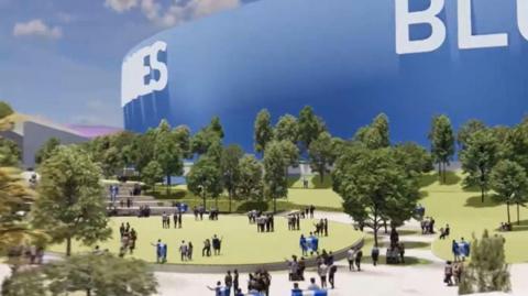 A computer-generated image showing groups of people standing in a public area with a large blue stadium behind them. The stadium has the word "Blues" on in white letters. There are trees and steps around them. 