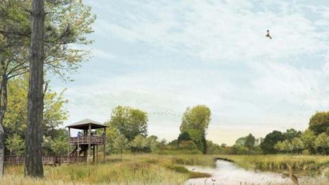 Artist's impression of the new nature reserve including wetlands, trees and a bird hide