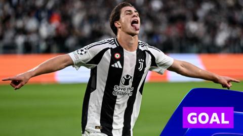 Juventus's Kenan Yildiz celebrates his goal against PSV