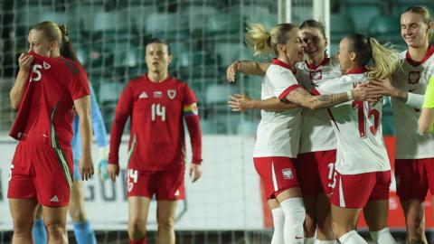 Poland players celebrating a goal in front of Wales players Elise Hughes and Hayley Ladd