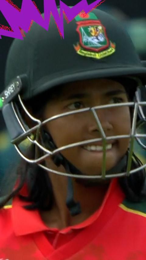 Shorna Akter reacts after being bowled by Ellyse Perry as Bangladesh face Australia in the women's T20 World Cup.