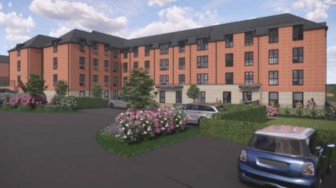 A CGI image of a four storey, red brick, block of flats with bushes, grass and parked cars in front