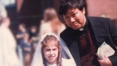 Alexa MacPherson (left) was sexually abused from the age of three by Priest Peter Kanchong (right)