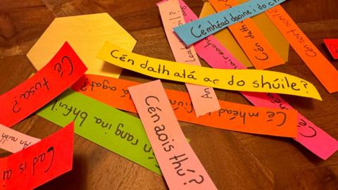 Coloured strips of paper with words in the Irish language on them in black ink