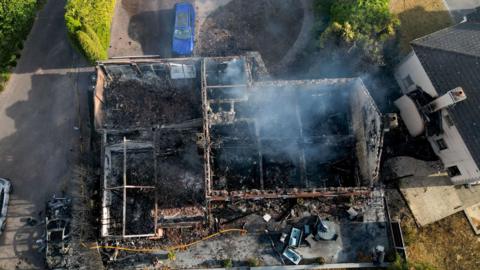 A birdseye view of a burnt-out house in Stourbridge